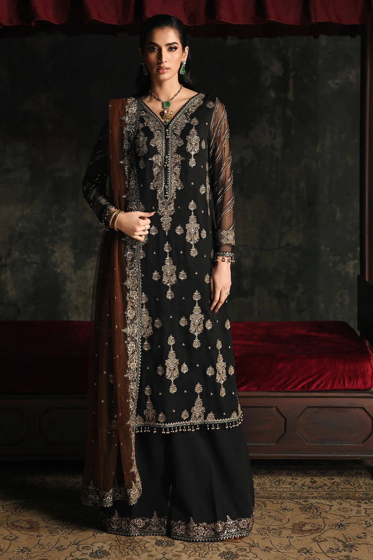 3 Pc Embroidered Dyed Chiffon