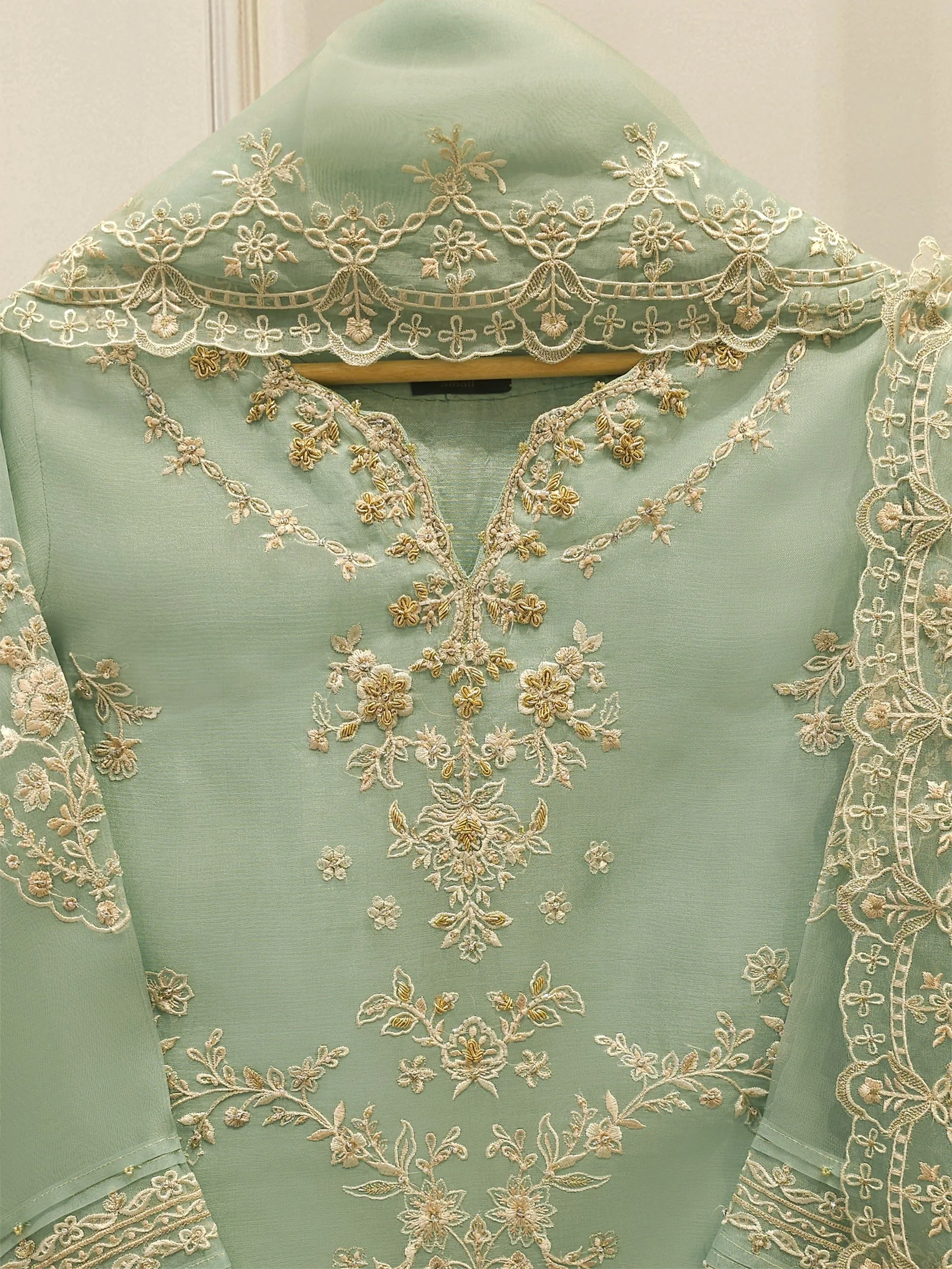 3 Piece - Pure Organza Embroidered Suit - Image 3
