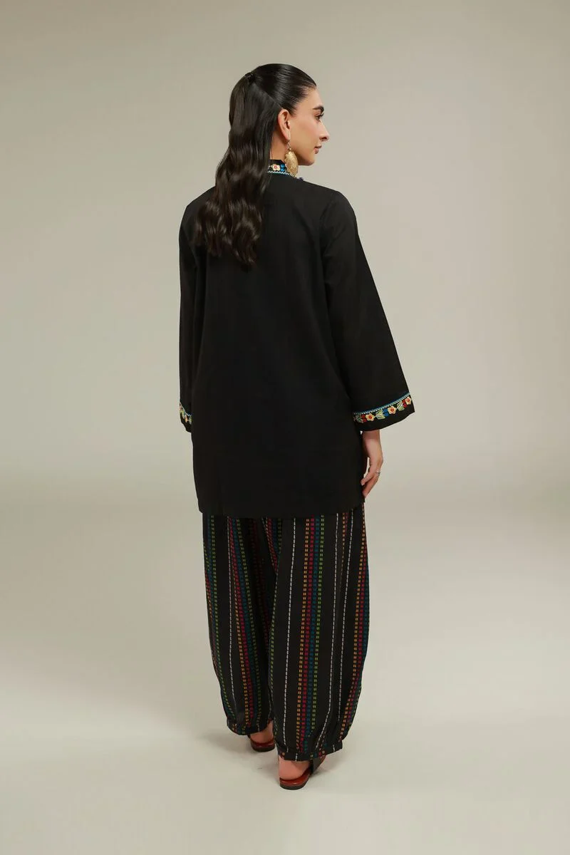 Embroidered | Cotton Dobby Black V-Neck 3pc - Image 2