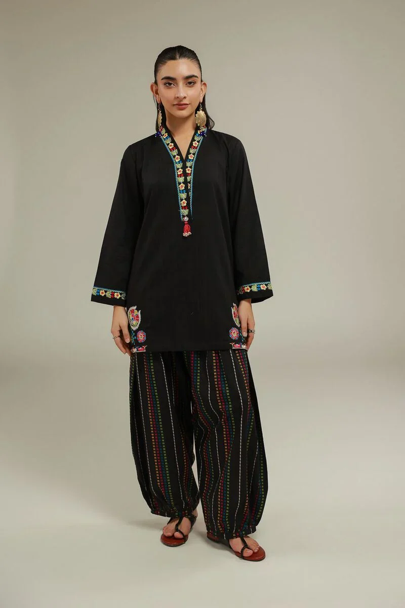 Embroidered | Cotton Dobby Black V-Neck 3pc - Image 4