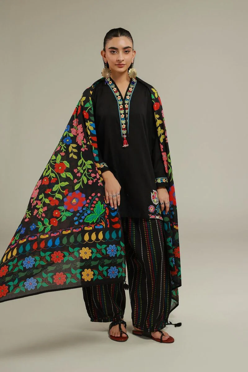 Embroidered | Cotton Dobby Black V-Neck 3pc - Image 7